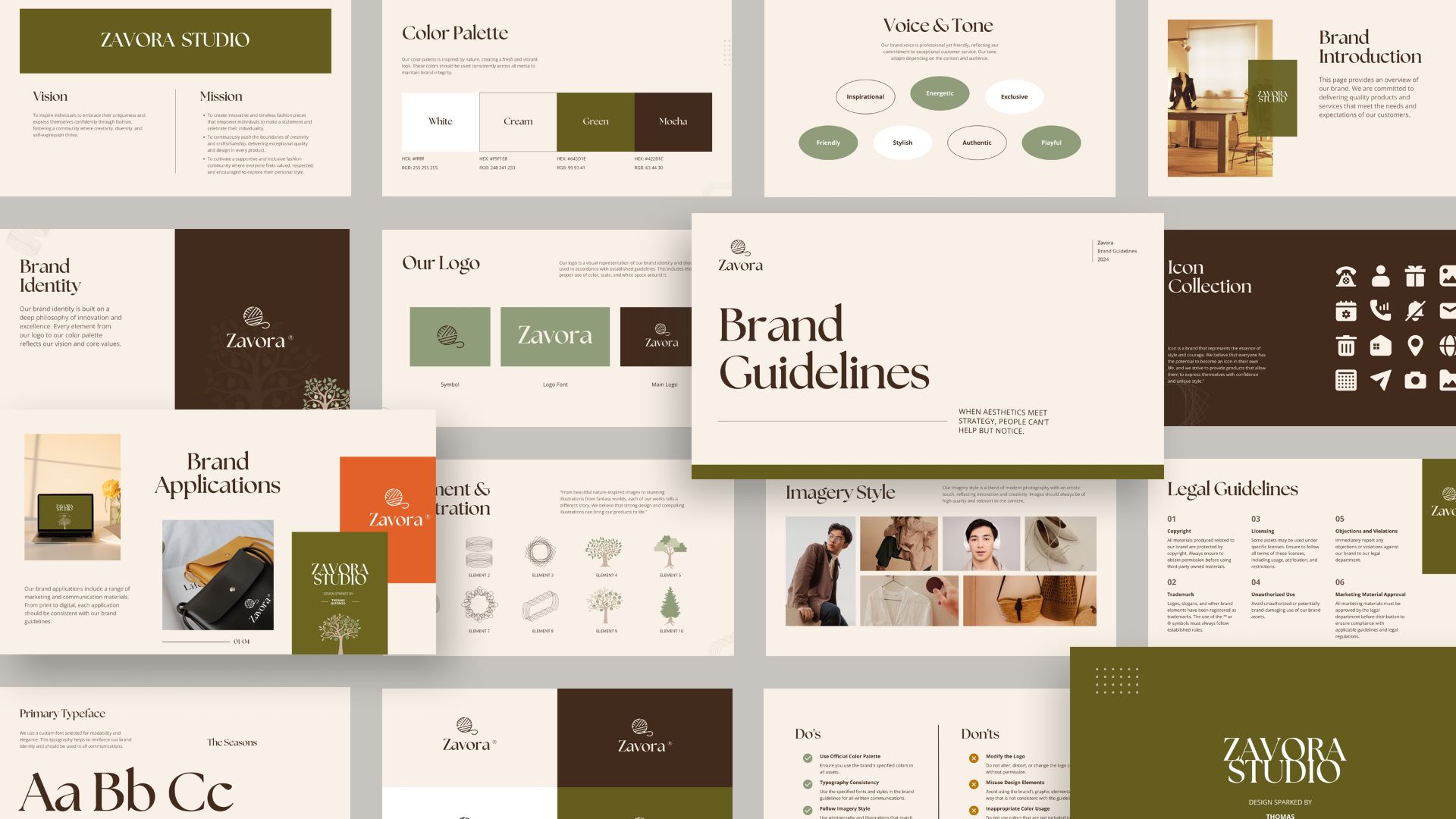 A cohesive brand guidelines presentation showcasing a modern fashion brand identity, including logo design, color palette, typography, imagery style, and brand applications.